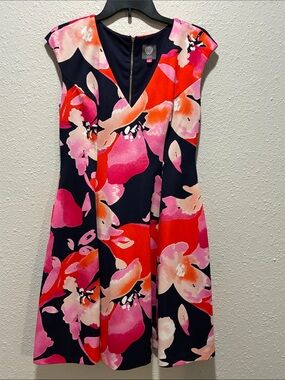 Vince Camuto Navy Midi Dress with Pink & Coral Floral Print
